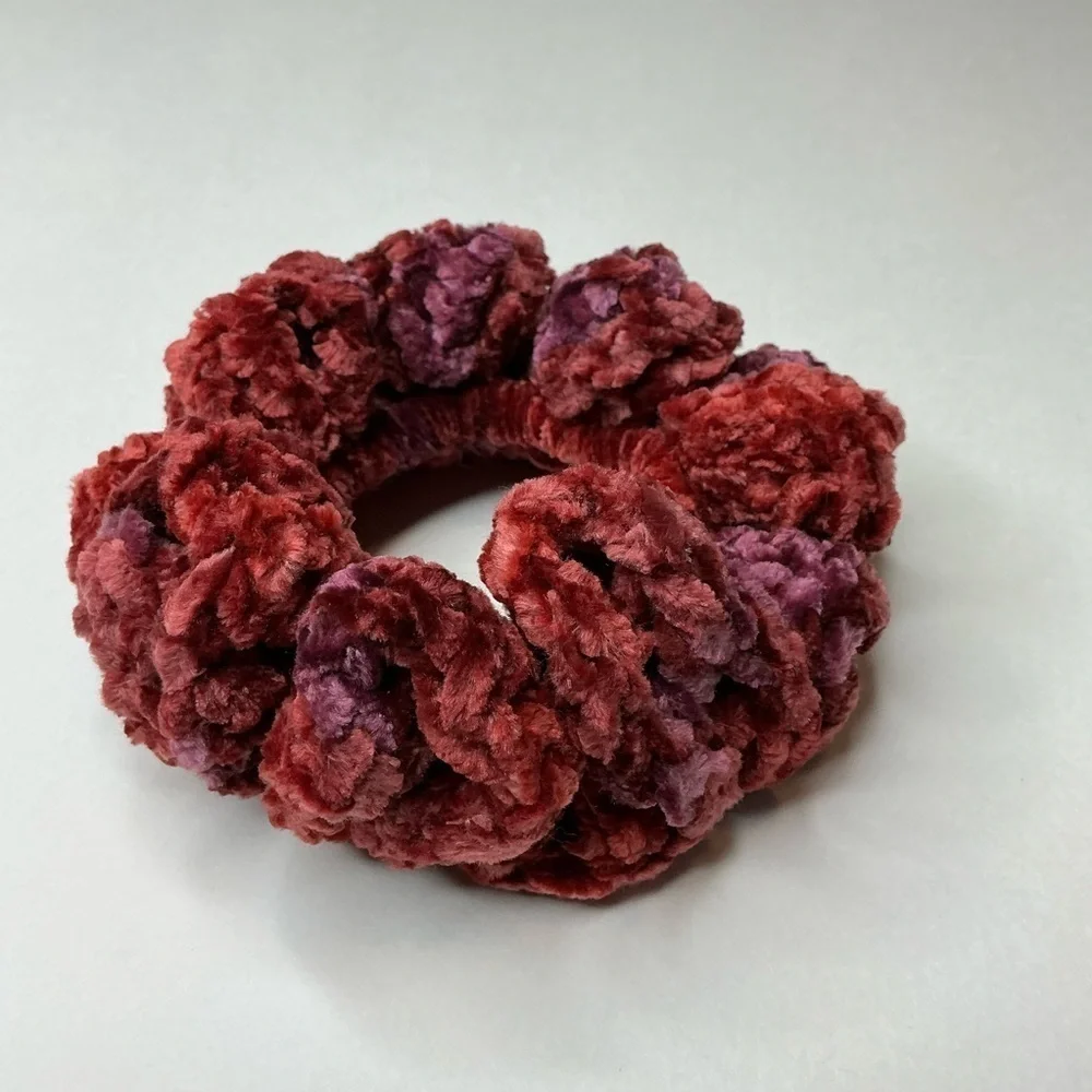 Crochet Scrunchie Oversized Hair Tie Red Wine Plush Crushed Velvet Handmade